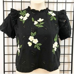 Zara Trafaluc Black Eyelet Floral Top Puff Sleeves